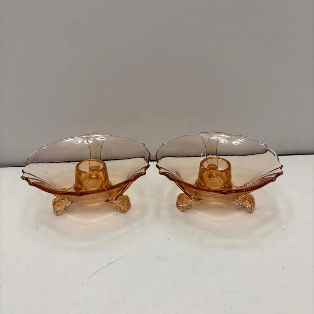VINTAGE PINK FOSTORIA DEPRESSION GLASS CANDLESTICK HOLDERS, TRI-FOOTED